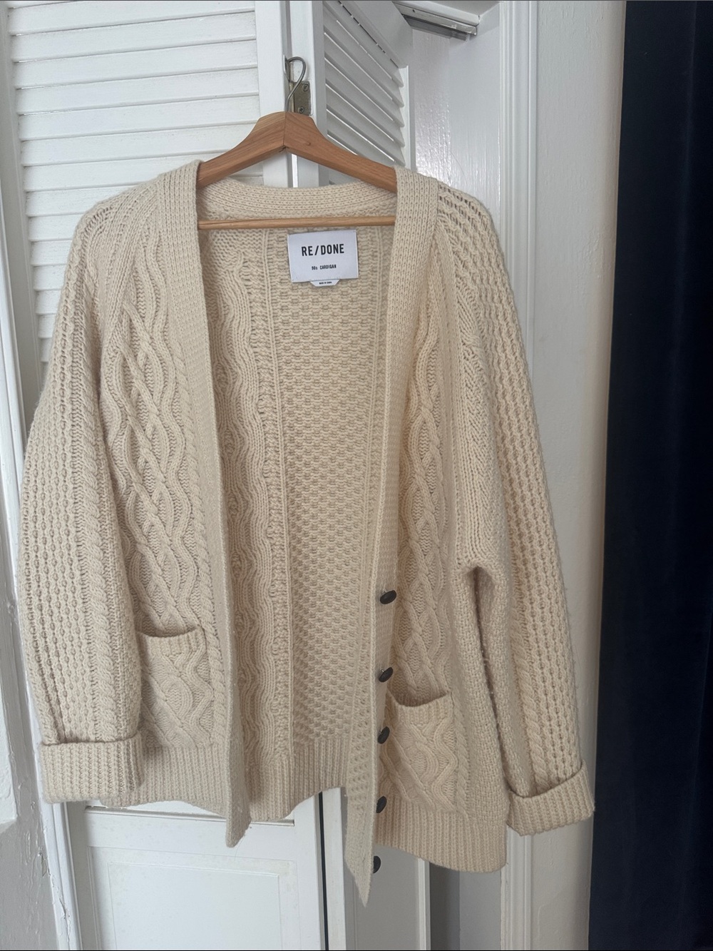 Re/Done Ivory Cable & Waffle Knit Button Cardigan L